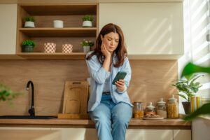 Woman holding face in pain looking at her phone to find emergency dentist.